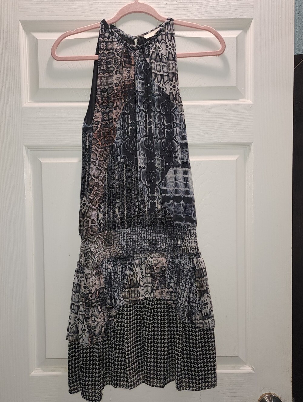 Ramy Brook Monea Sleeveless Snake-Print Mix Dress in Black and Gray